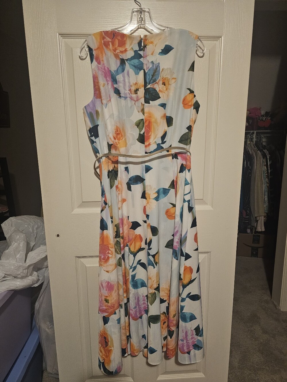 Calvin Klein White Sleeveless Midi Dress with Orange & Pink Floral Print Sz 12 - Picture 2 of 4